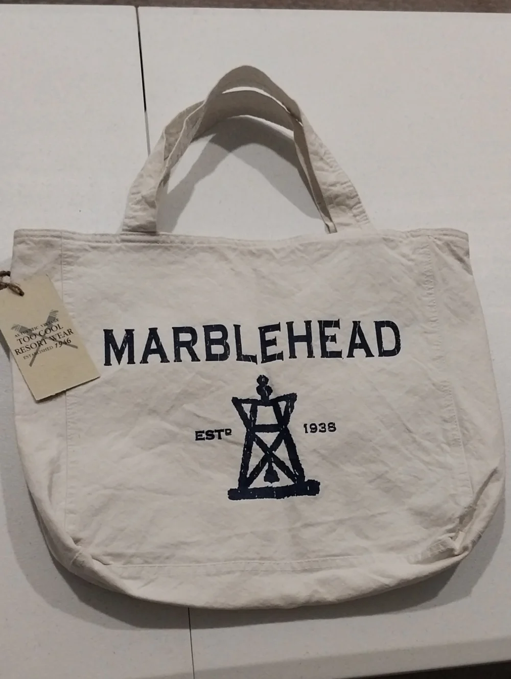 Marblehead Canvas Tote Bag in Cream with Navy Chandler Hovey Print Nwt